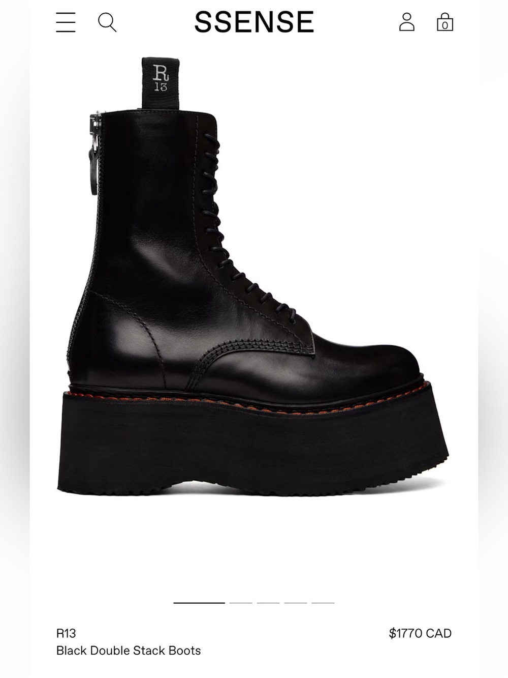 R13 Black Leather Platform Double Stack Lace-Up Combat Boots